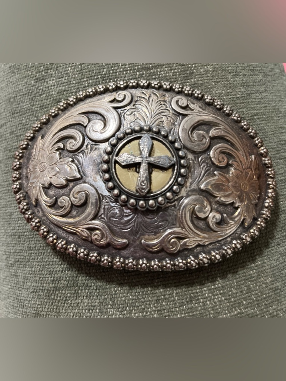 Nocona Western silver tone Belt Buckle Oval Rope Edge Cross Cowboy Rodeo Men Wom